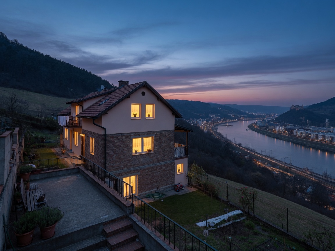 Rodinný dům nad Labem za soumraku